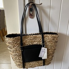 BNWT Marks & Spencer Large Straw Tote Shoulder Bag Beach Bag black Trim £45