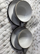 2 DENBY Jet Grey & Black Coffee/ Tea Cups With White Saucers