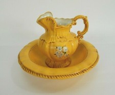 Water Pitcher & Wash Bowl Ceramic Hand Painted Signed 1982 Hand Crafted Ceramic