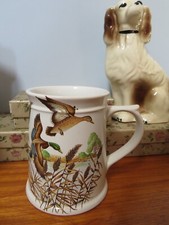 Vintage Holkham Pottery Tankard Mug Flying Ducks Birds White Ceramic Large 1970s