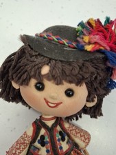 15cms VINTAGE FOLK  DOLL WITH WOOL HAIR FELT DRESS & HEAD WEAR 1990s