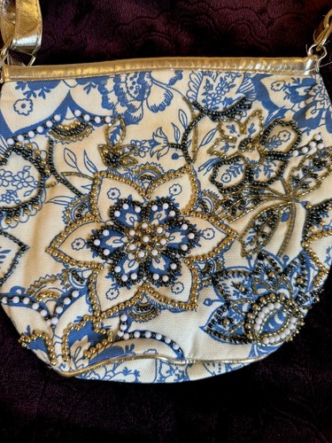 Blue gold cream beaded bag - gold,