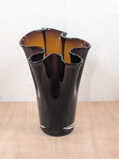 Large Vintage Ruffled Smoky Brown Amber Art Glass Handkerchief Vase Handmade 70s