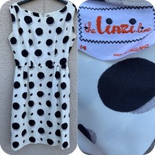 True VINTAGE LINZI 50’s 60s POLKA DOT BLACK WHITE PENCIL DRESS LINEN MOD SEXY 10