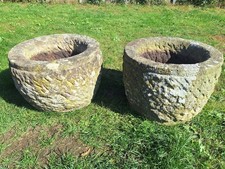 Pair of Antique Hand Carved Natural Stone Garden Urn Pot Planters FREE UK P&P 