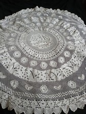 Large Round Scalloped Edged Vintage Crochet Tablecloth White  Cotton English Tea