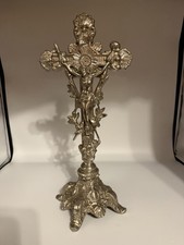 Beautiful Vintage Metal Crucifix Croix Cross Silver Colour French Art Deco Jesus