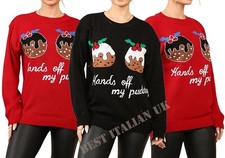 WOMENS XMAS CHRISTMAS NOVELTY KNITTED RETRO JUMPER SWEATER Hands Off My Pudding