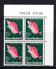 New Zealand 1970 Pictorials - 5c Parrot Fish Value Block $10 HMM