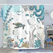 Long Sea Turtle Octopus Shower Curtain Blue Teal Waterproof Fabric Bathroom 