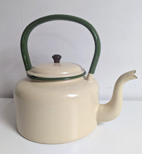 Vintage Large Cream and Green Enamel Kettle Teapot  - Prop Display Only