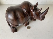 Mid-Century Carved Wooden Rhino Sculpture Large