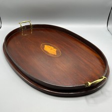 Extra Large Antique Mahogany Inlaid Serving Tray Edwardian Brass Handles Butler