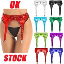 UK Womens Sexy Metallic PVC Leather Garter Belt with Metal Clips for Stockings