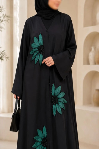 Black floral open front abaya - open,