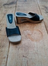 Vintage Mules Clogs By Faith Size 6 Black Leather Upper Cut Out Wedge Heel RARE 