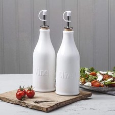 Porcelain Oil and Vinegar Bottle Pourers Set with Stainless Steel Pourers, White