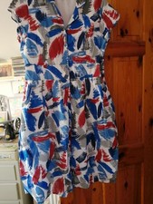 Seasalt Lottie Cotton Midi Dress Pocketed, Lined, Size 16 Red Blue White Splashe