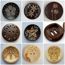 LUXURY LARGE WOODEN BUTTONS - 30mm, NATURAL, CARVED PATTERN, BROWN, LIGHT, UK
