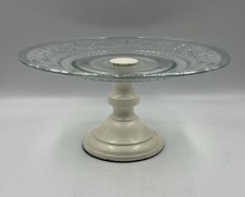 Shabby Chic Enamel & Glass Cake Stand Vintage Cream H 5” D 10”