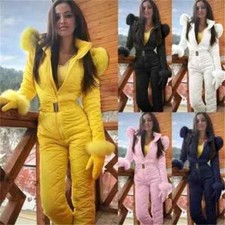 Women's Snowsuit One Piece Ski Suit Jumpsuits Fur Collar With Hood Ski Jackets
