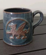 Welsh Handmade Blue Glazed Studio Art Pottery Mug Dragon Embelm 