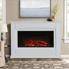 White Freestanding Electric Fire Suite White Wood Mantel LED Fireplace Heater UK