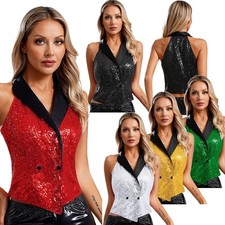 Women's Dressy Vest Glitter Button Front Waistcoat  Sleeveless Crop Blazers Tops