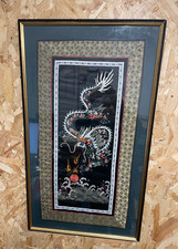 RARE Vintage CHINESE Framed SILK EMBROIDERY DRAGON 29" x 17"