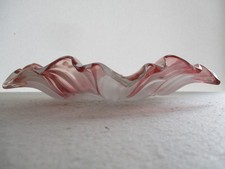 Large art deco ruffle glass bowl, pink and frosted glass