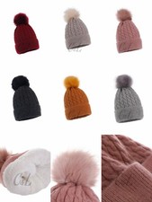Winter Cable Pattern Warm Knitted Beanie Hat With Liner Faux Fur Bobble POM POM