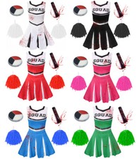LADIES ZOMBIE CHEERLEADER DRESS + POM POMS HALLOWEEN ADULT FANCY DRESS COSTUME 