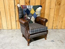 HANDMADE MULTICOURED  PATCHWORK & LEATHER CHESTERFIELD WING CHAIR, HIGH BACK