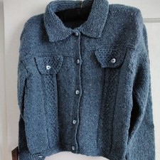 Ladies handknitted jacket, military style in Rowan tweed aran, denim blue shade.