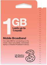 Three Mobile Broadband Sim Card with 1 GB Data for use in iPad, Tablet, Dongle