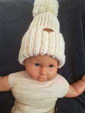 Brand New hand made crochet baby hat , beige and white, pom pom  3-6 Months
