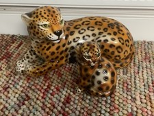 Vintage RONZAN ? Very Large Ceramic Leopard And Cub Italy MCM Superb Condition.