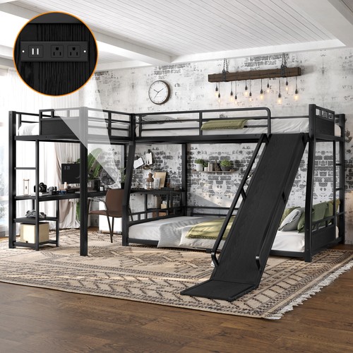Shaped metal triple bunk bed - metal,