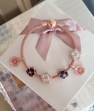 Authentic Pandora Bracelet Bangle in Rose Gold+6 Rose Pandora Charms 19 CM + Box