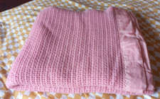 Vintage Pink Pure Wool Cellular Blanket with Satin Trimmed Ends. 91 " x 77 ".