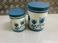 2x Vintage Blue & White Storage Tins Metal Round (15cm & 19cm) Free P+P