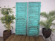 Vintage Antique Pair Rustic Green French Louvered Pine Wooden Window Shutters