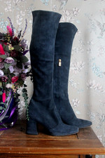 BIBA RARE NAVY VINTAGE 90s DOES 60s GOGO SUEDE ZIP KNEE HIGH BOOTS & BOX UK 6 39