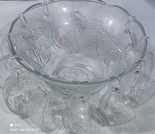 Vintage 70s Glass Punch Bowl Set with 12 Glass Cups ~ Fruit Pattern