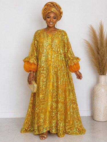 Gold green fitted lace - gold, kaftan