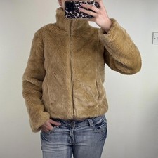 Y2K vintage faux fur zip up coat short jacket dark beige fluffy high neck