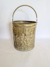 Vintage Brass Embossed Coal Scuttle Bucket Planter Kindling Fireside Companion