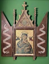 19th Century Italian Religious Icon Oil Painting in Gothic Revival Cabinet Frame