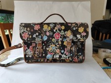 Women’s leather satchel bag by Zatchels, black floral pattern with vintage look