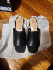 Womens Studio 1886 By AVON Black Leather Gold Block Wedge Sandals Size 9